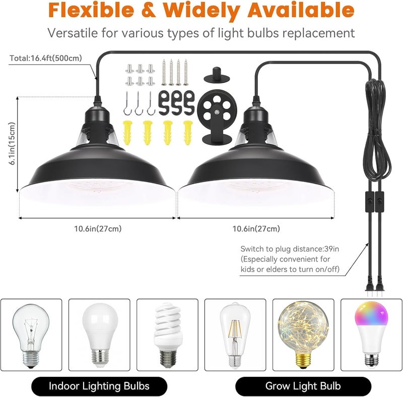 MYSWEETY Hanging Grow Light, Full Spectrum Hanging Plant Lights for Indoor, Vintage Decorative Grow Lights with 16.4FT Power Cord, Plug in Pendant Light with Adjustable Pulley for Plants, Flowers (2) - Image 5